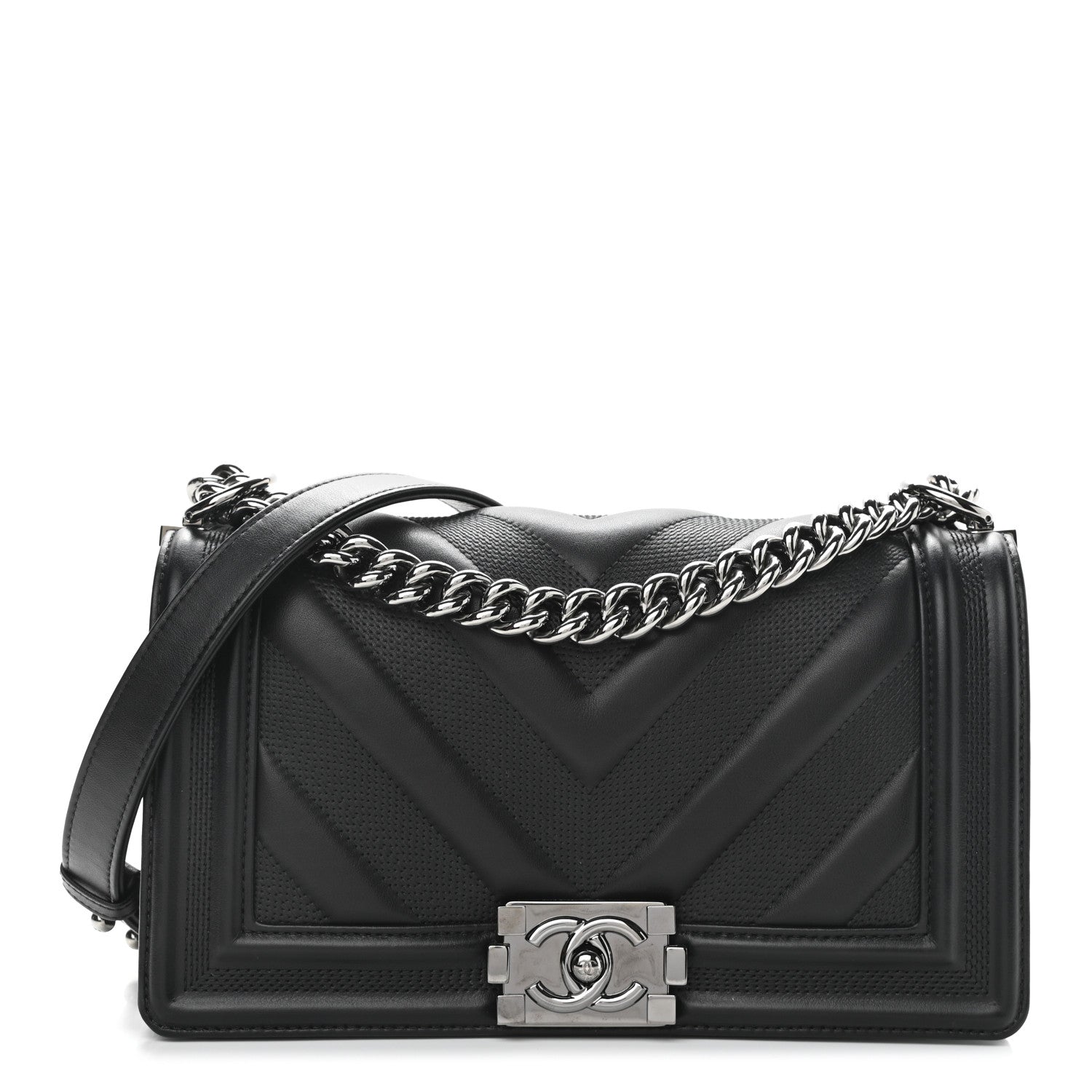 Chanel Calfskin Perforated Chevron Quilted Medium Boy Flap Black 1 of 10