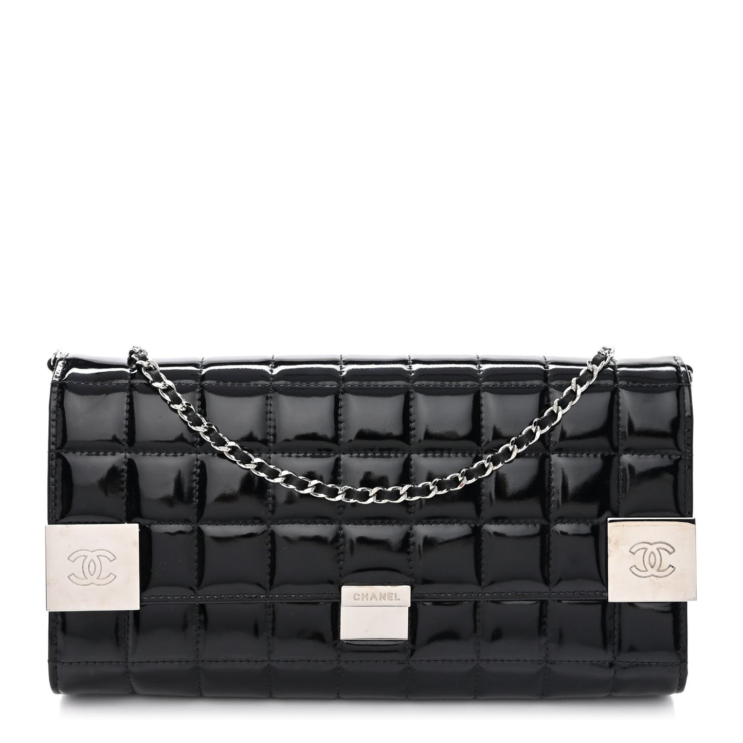 Patent Chocolate Bar Chain Clutch Black