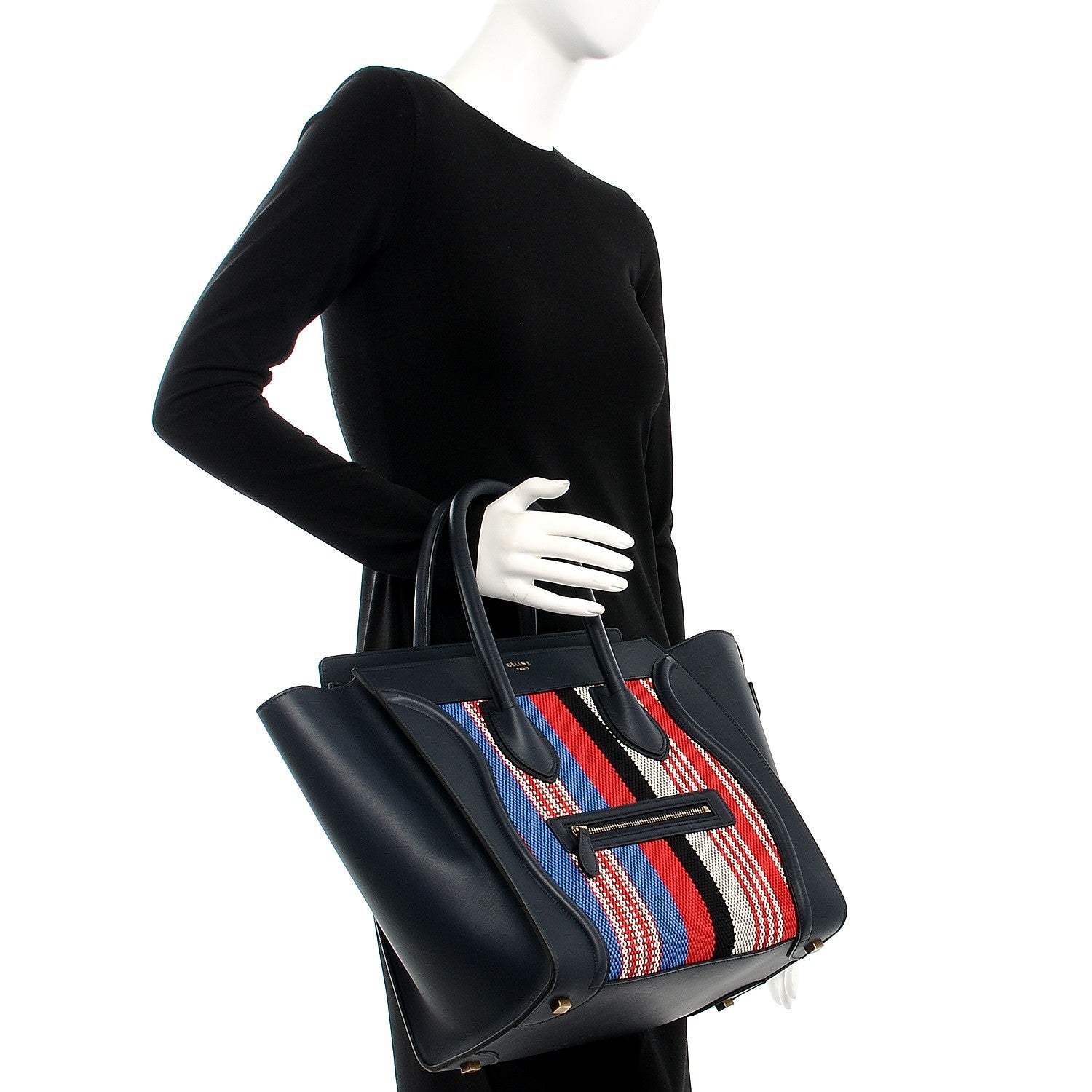 Celine Smooth Calfskin Striped Canvas Mini Luggage Navy Blue 2 of 7
