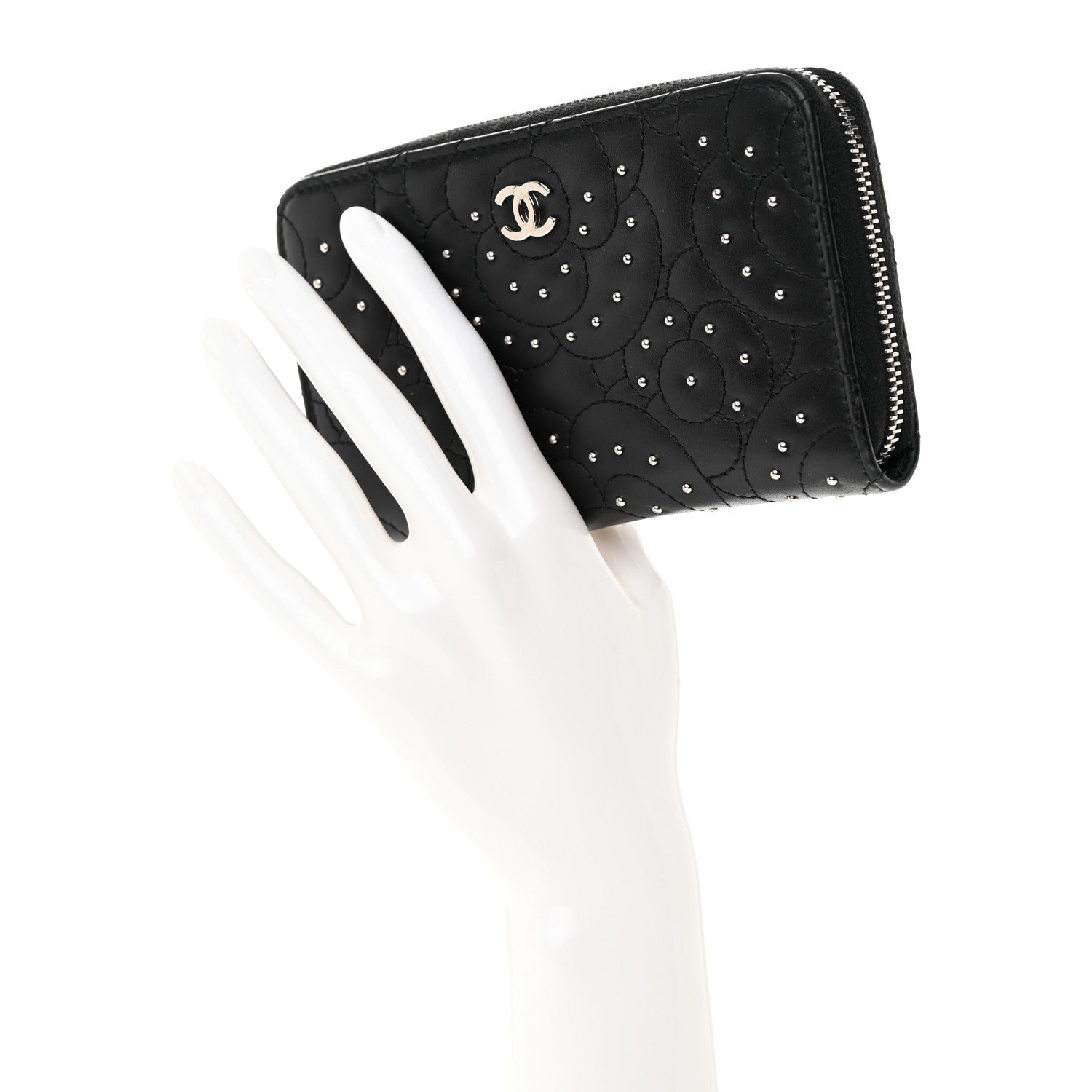 Chanel Lambskin Camellia Studded Medium Gusset Zip Around Wallet Black 2 of 12