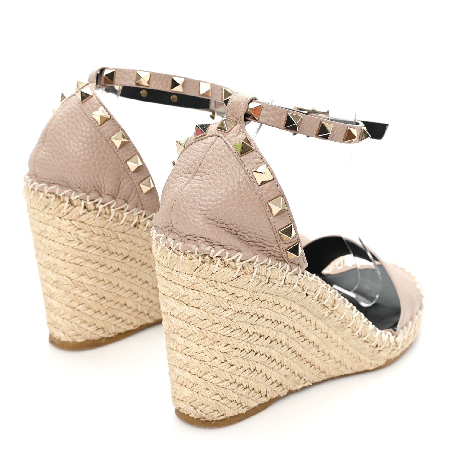 Valentino Garavani Grained Calfskin Rockstud Ankle Strap Espadrille 15/105mm Wedge Sandals 40 Poudre Natural 5 of 10