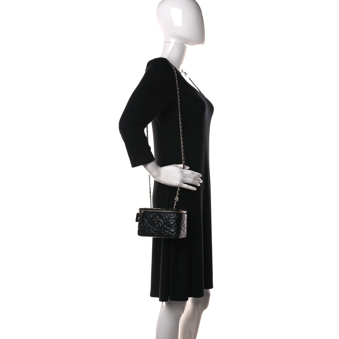Lambskin Camellia Embossed Small Vanity Case With Chain Black