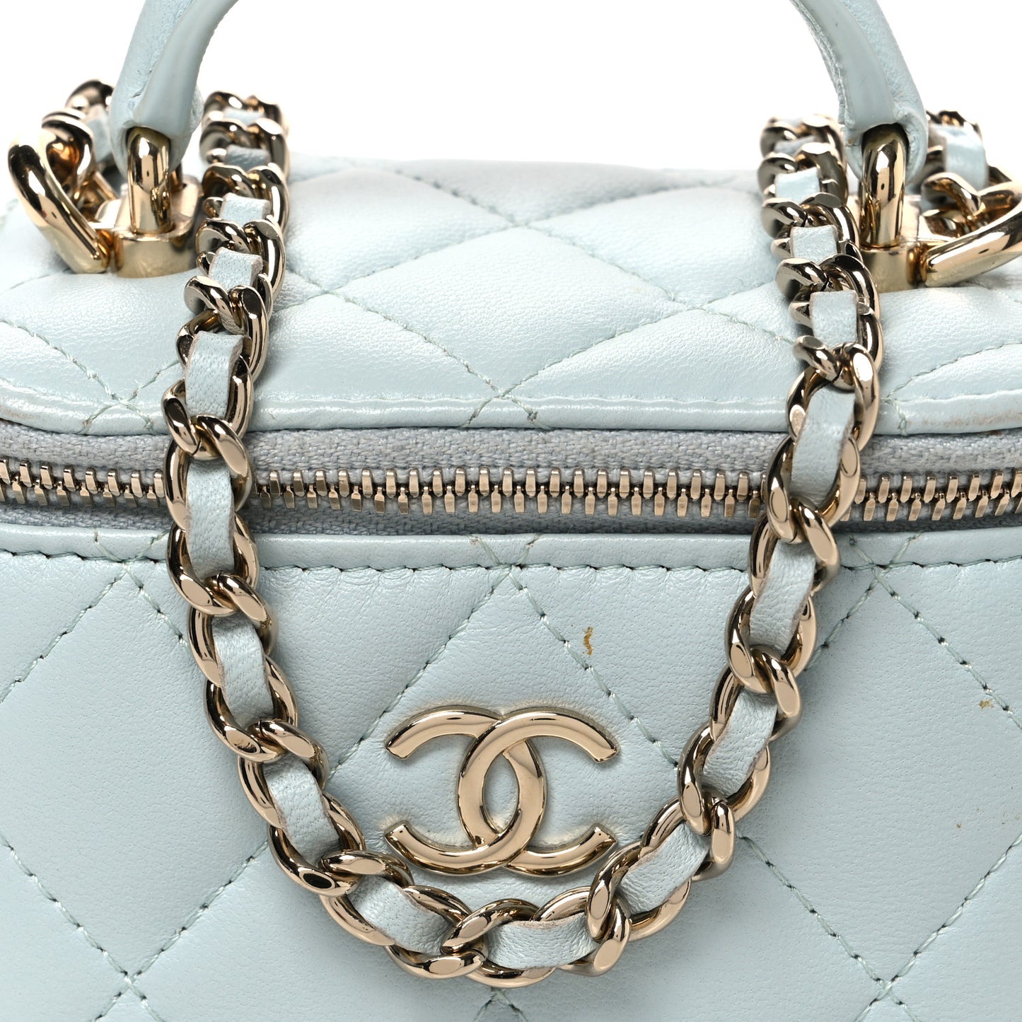 Lambskin Quilted Top Handle Mini Vanity Case With Chain Light Blue