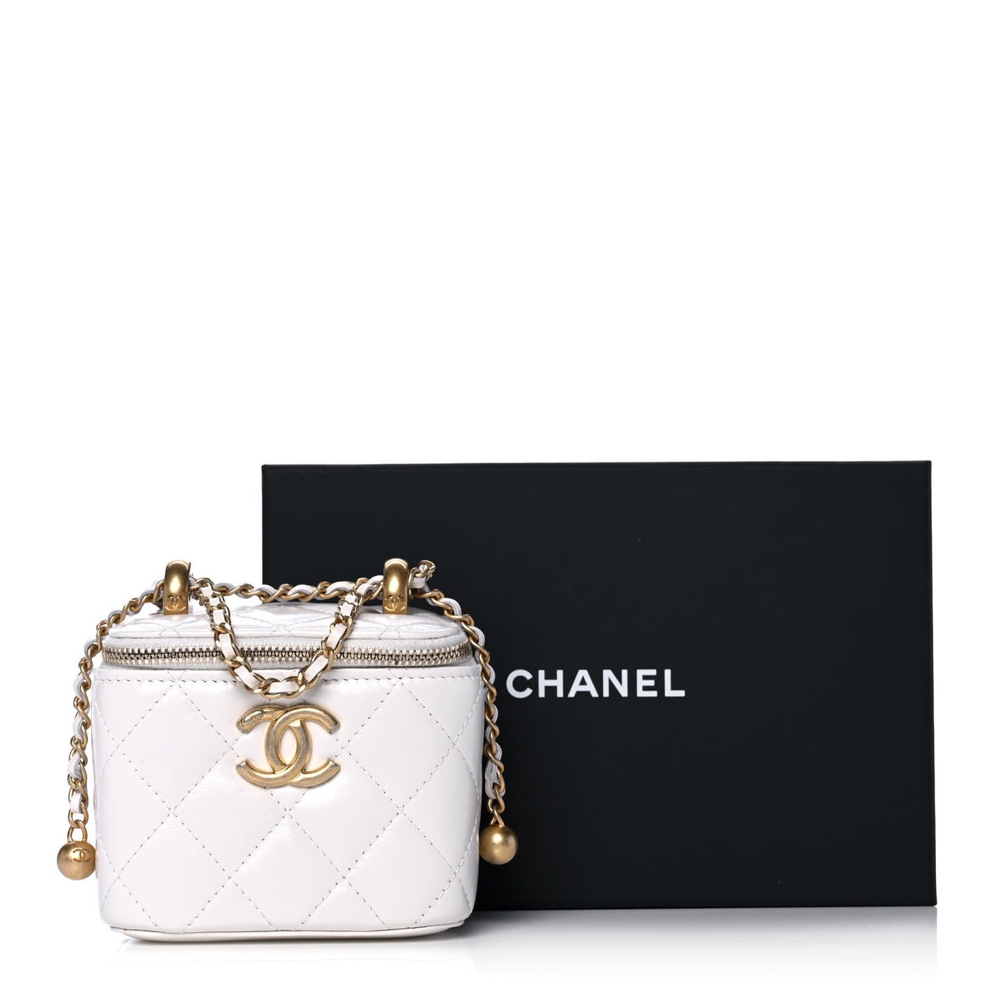 Calfskin Quilted Mini Perfect Fit Vanity Case With Chain White