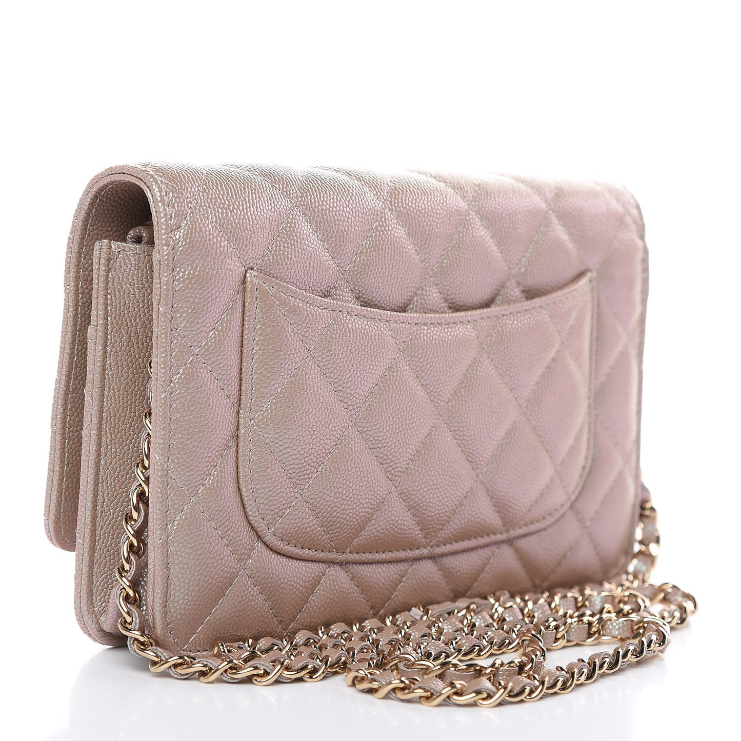 Iridescent Caviar Quilted Wallet On Chain WOC Beige