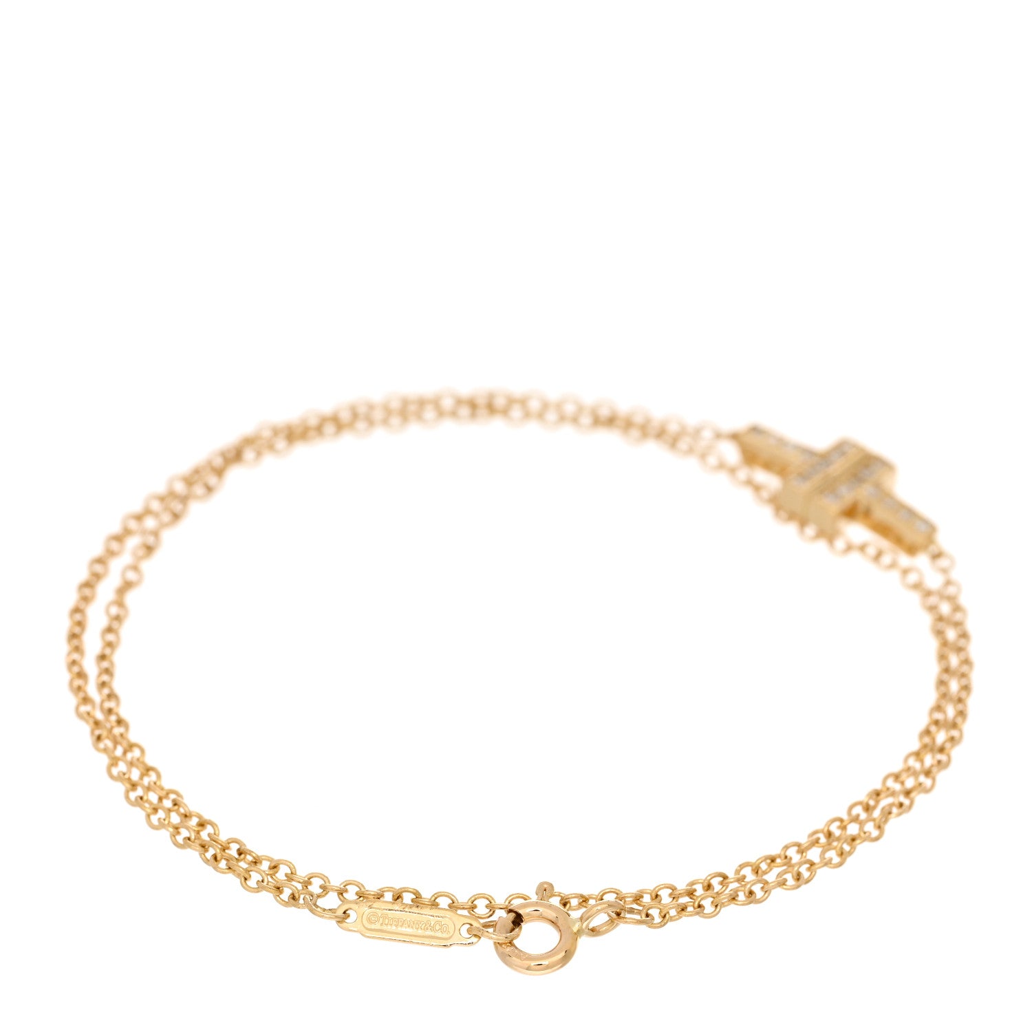 Tiffany 18K Yellow Gold Diamond T Double Chain Bracelet 2 of 3