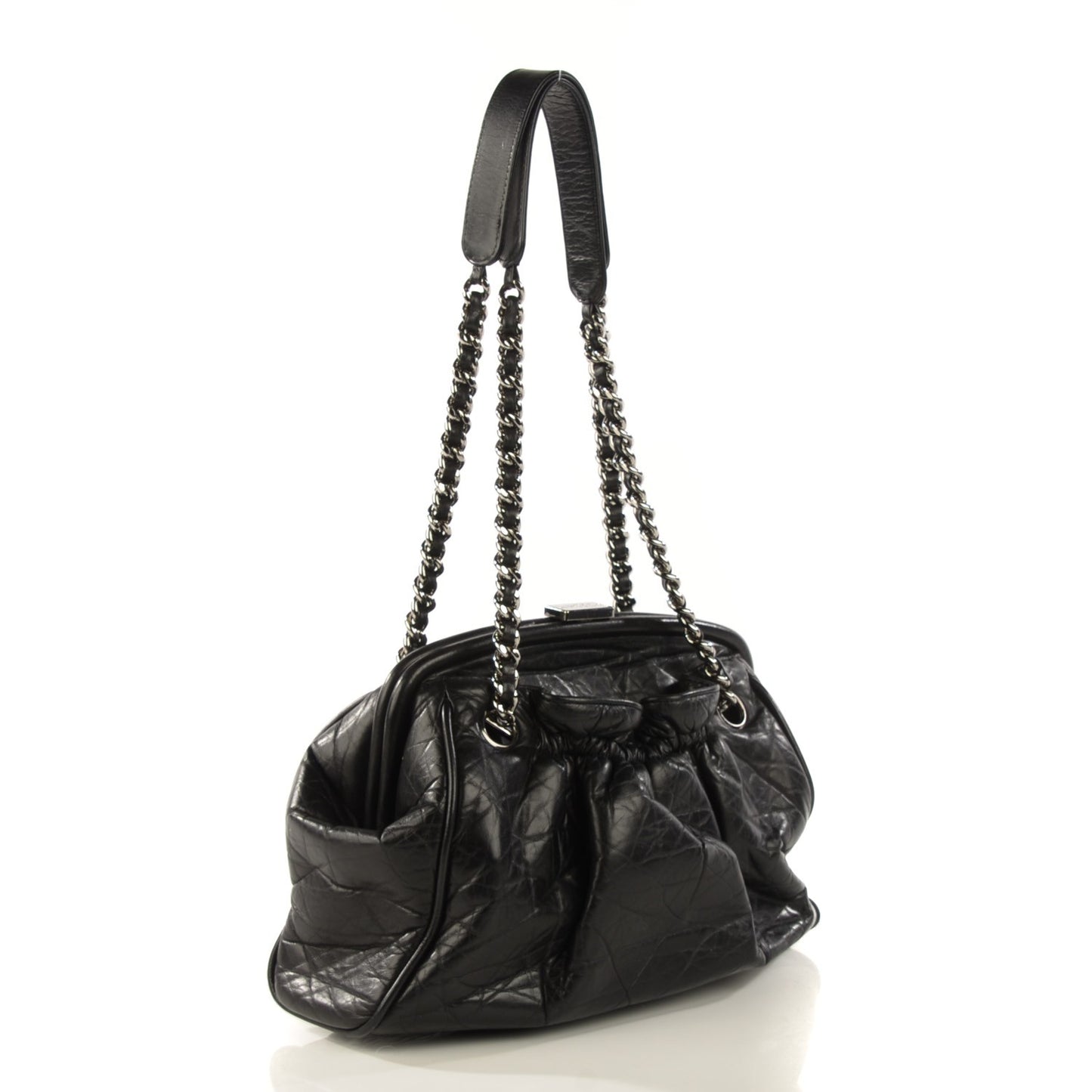 Distressed Lambskin Paris NY Framed Pleated Pouch Bag Black