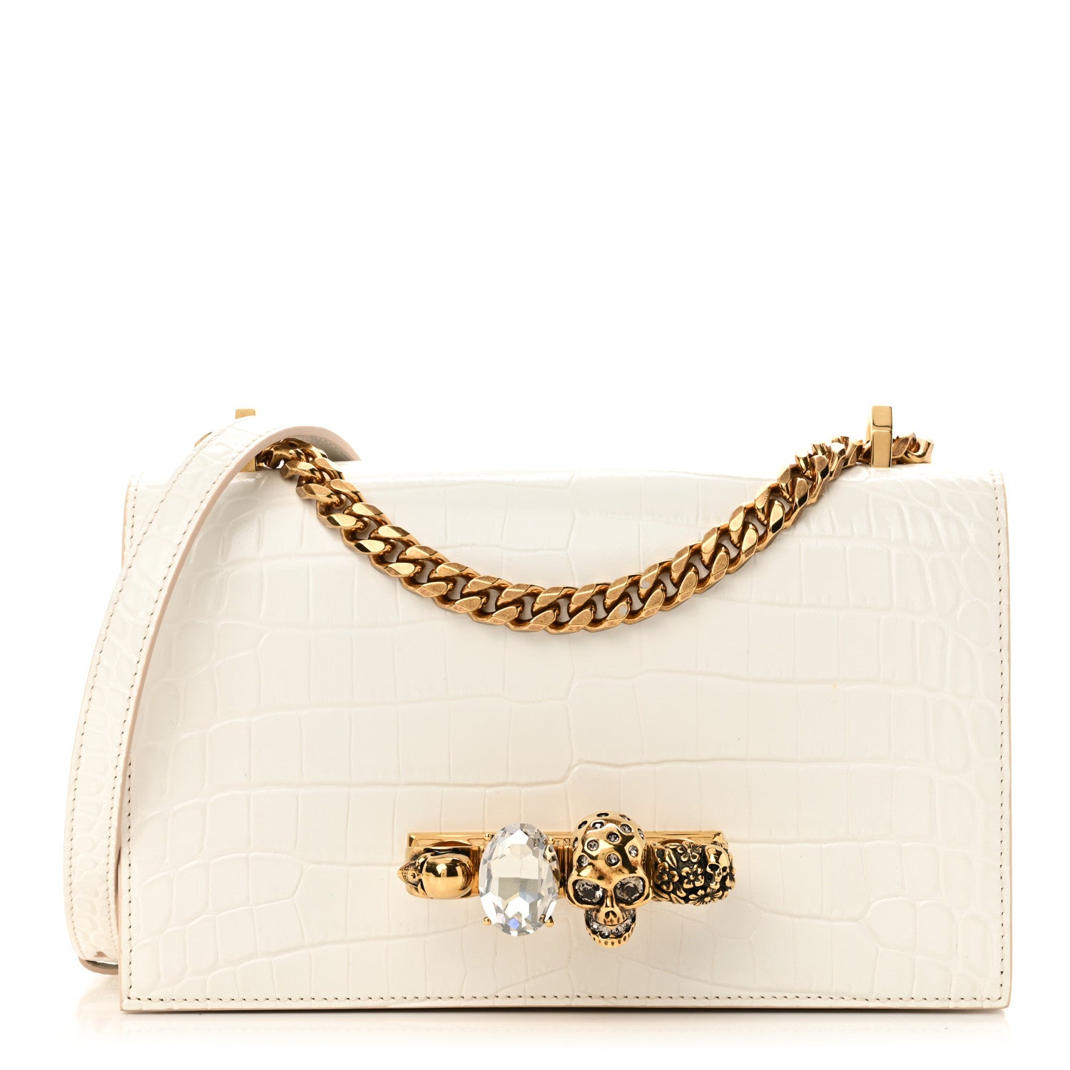 Alexander McQueen Shiny Calfskin Crocodile Embossed Knuckle Jeweled Crossbody White 1 of 10