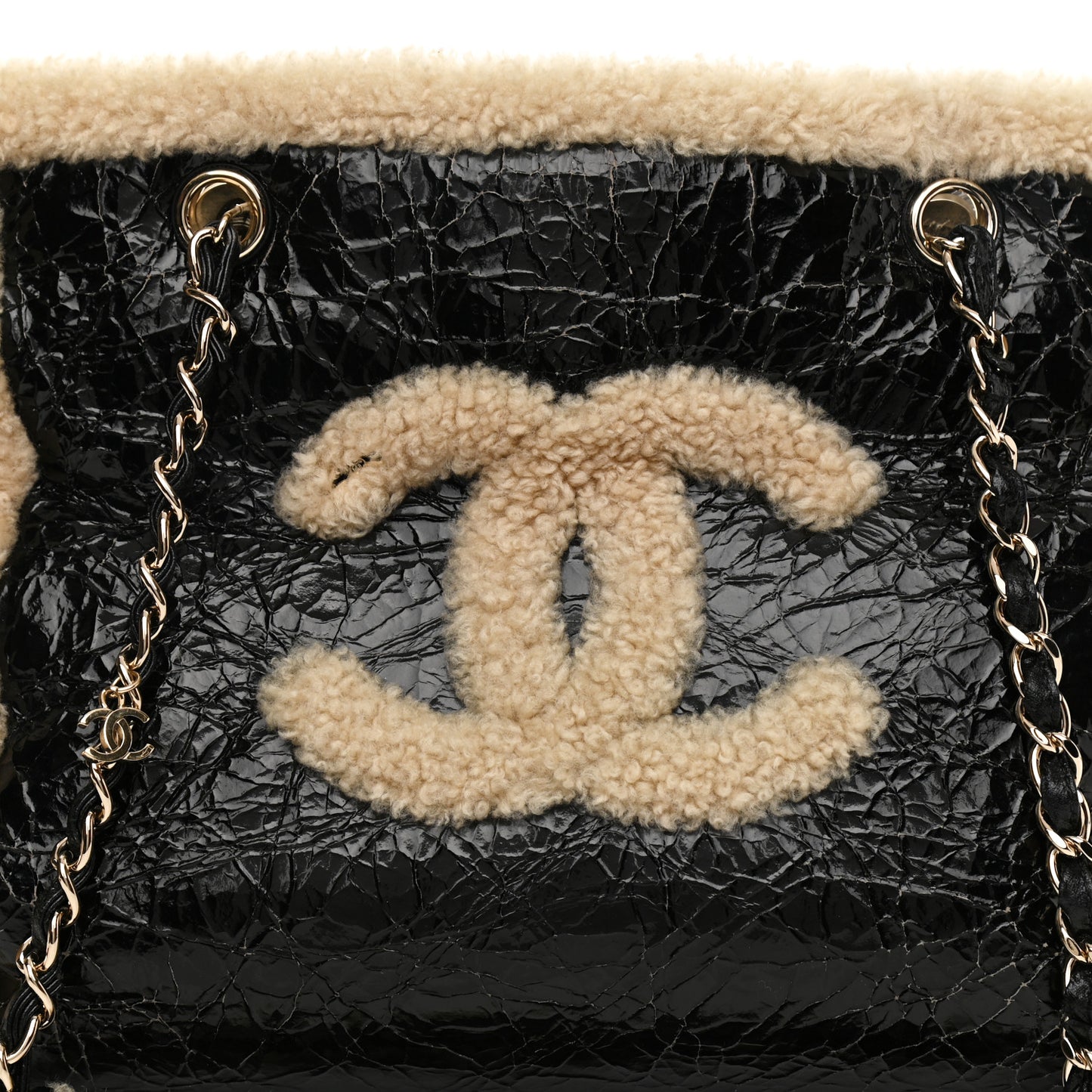 Shiny Crumpled Sheepskin Shearling CC Mania Tote Bag Black Beige