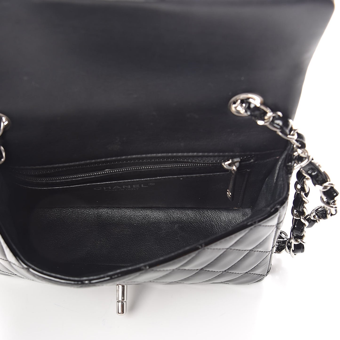 Patent Calfskin Quilted Mini Rectangular Flap Black