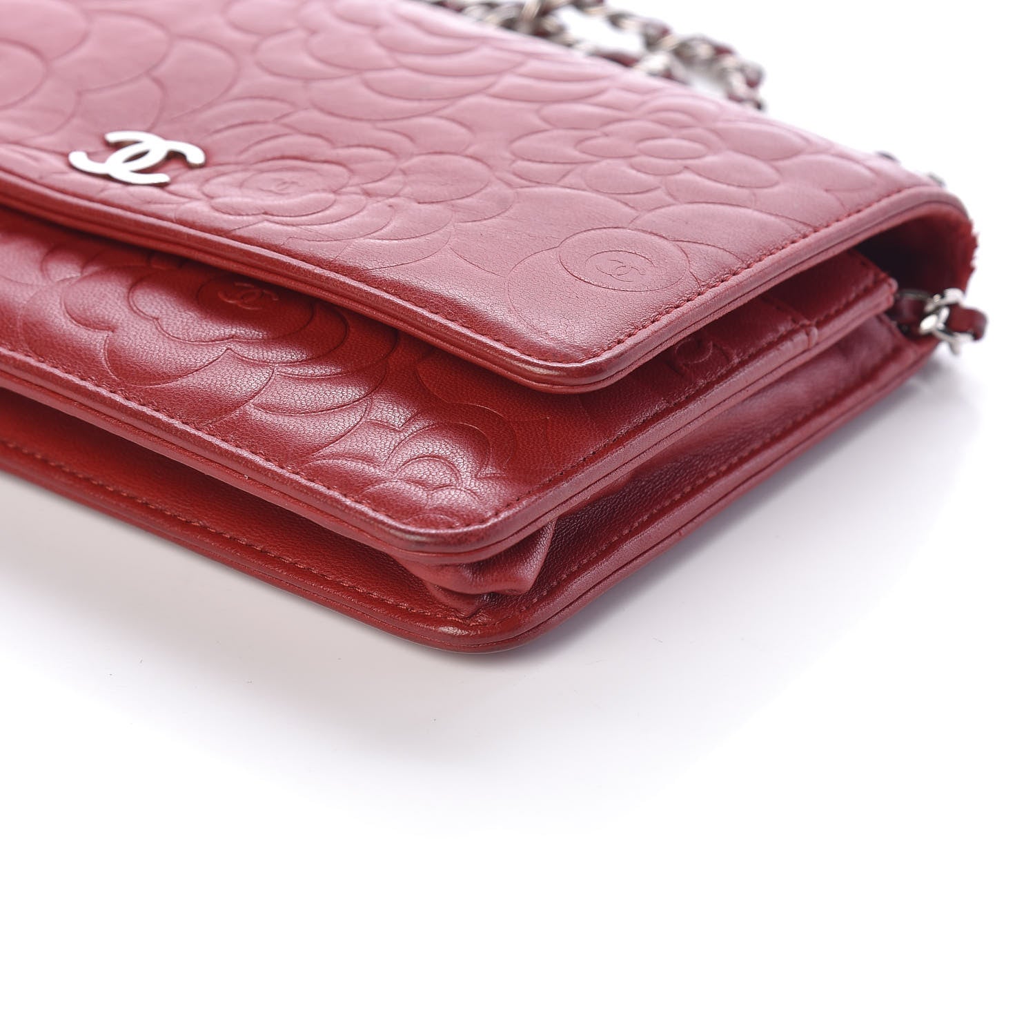 Chanel Lambskin Camellia Embossed Wallet On Chain WOC Dark Red 12 of 14