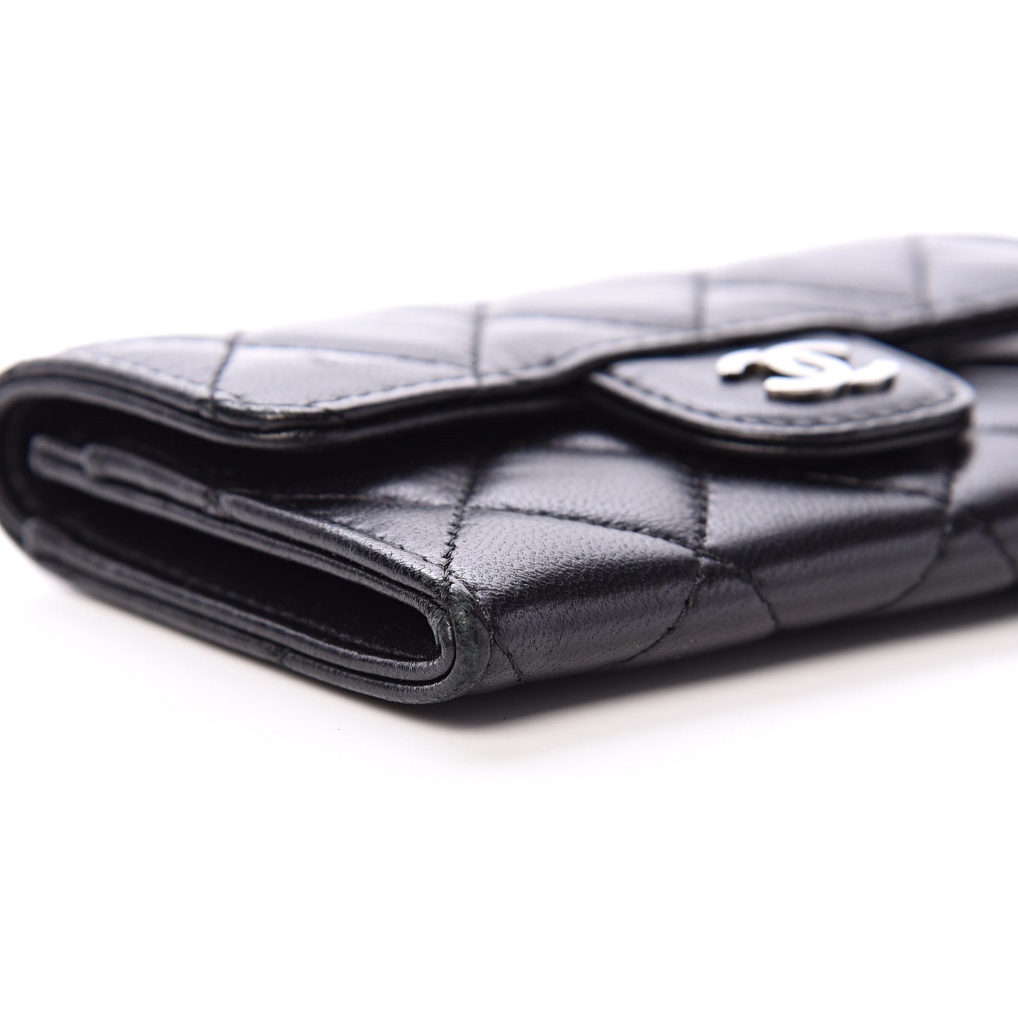 Lambskin Quilted Flap Card Holder Black