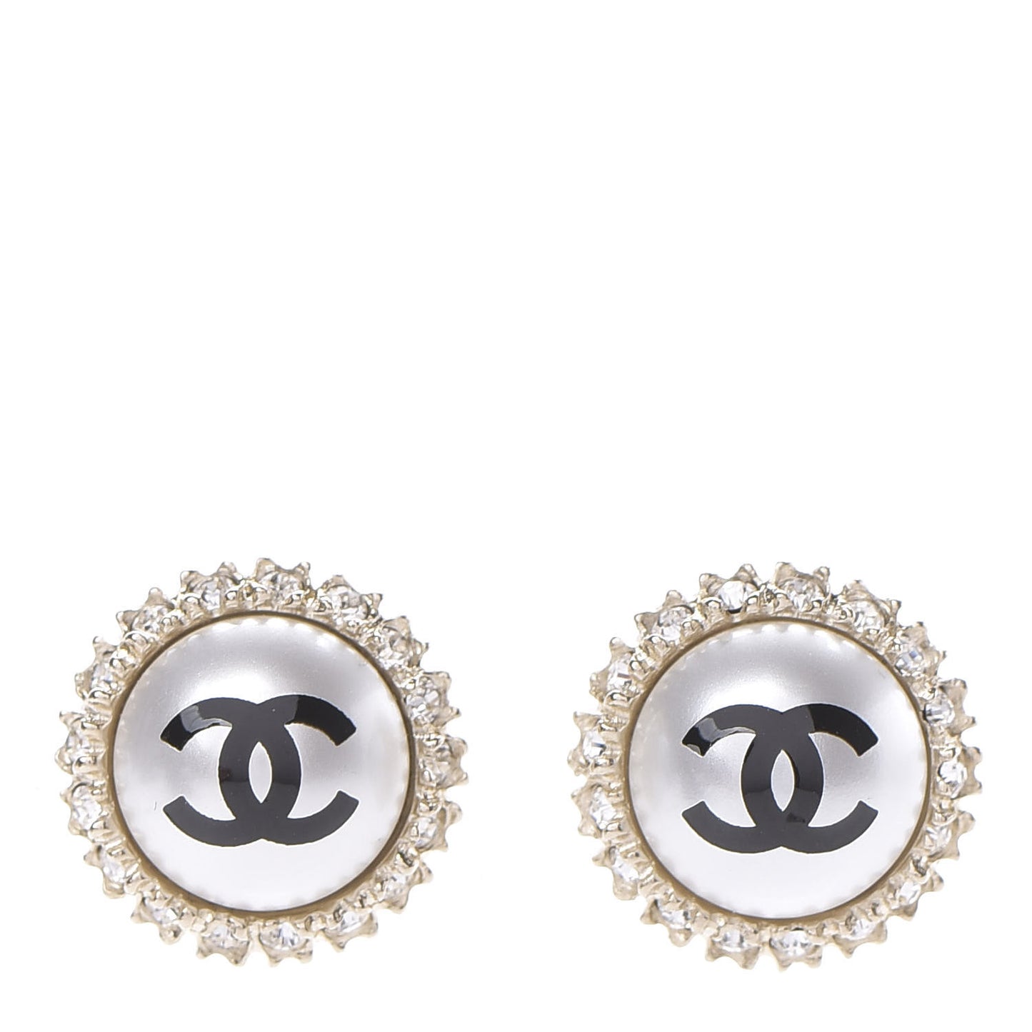Crystal Pearl CC Round Earrings Gold Pearly White Black