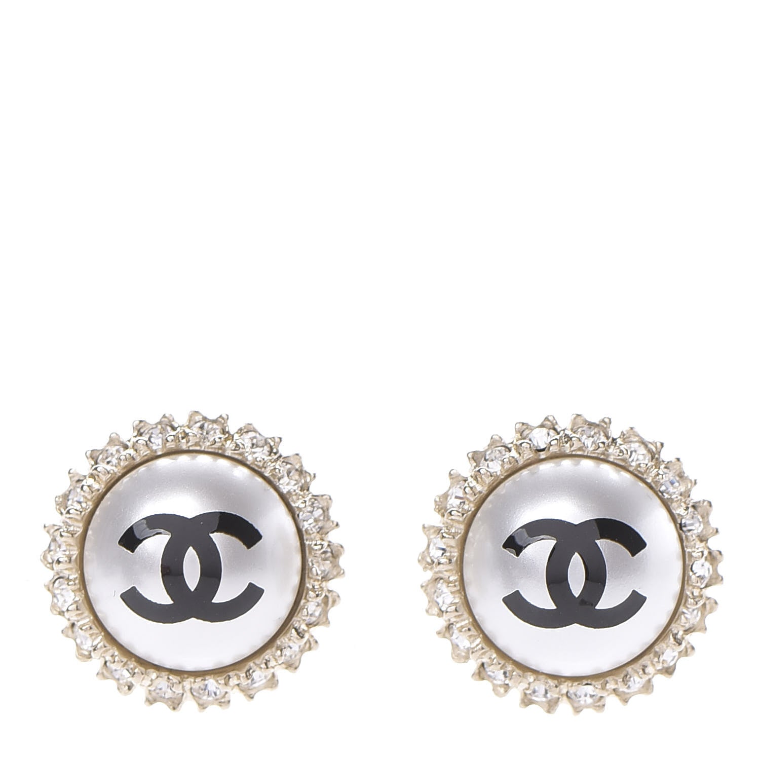 Chanel Crystal Pearl CC Round Earrings Gold Pearly White Black 1 of 5
