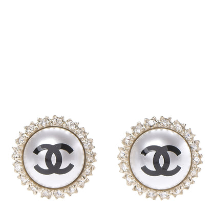 Chanel Crystal Pearl CC Round Earrings Gold Pearly White Black 1 of 5