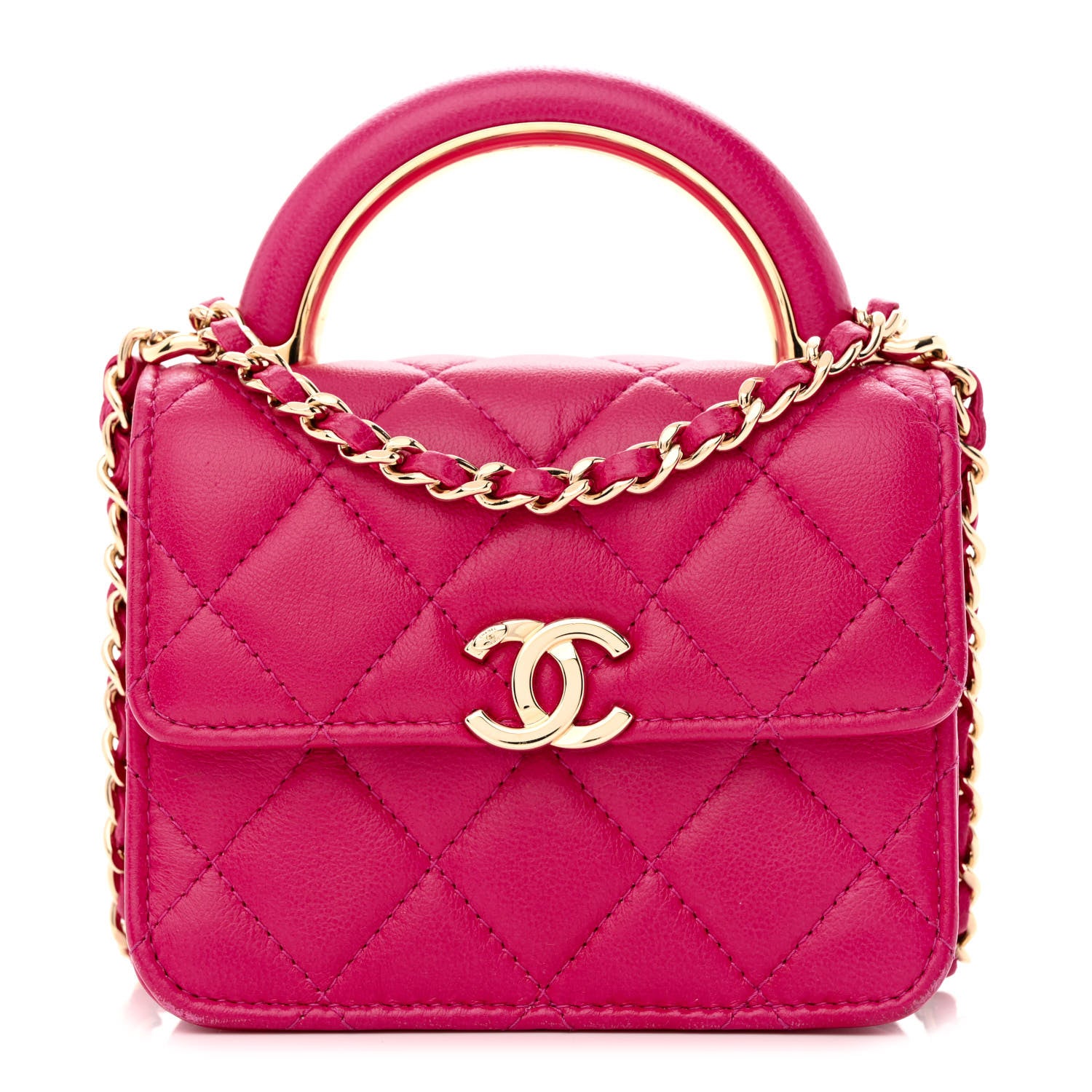 Chanel Lambskin Quilted Top Handle Flap Clutch With Chain Fuchsia 1 of 11