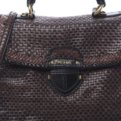 Prada Goatskin Woven Top Handle Satchel Moro Black 7 of 9