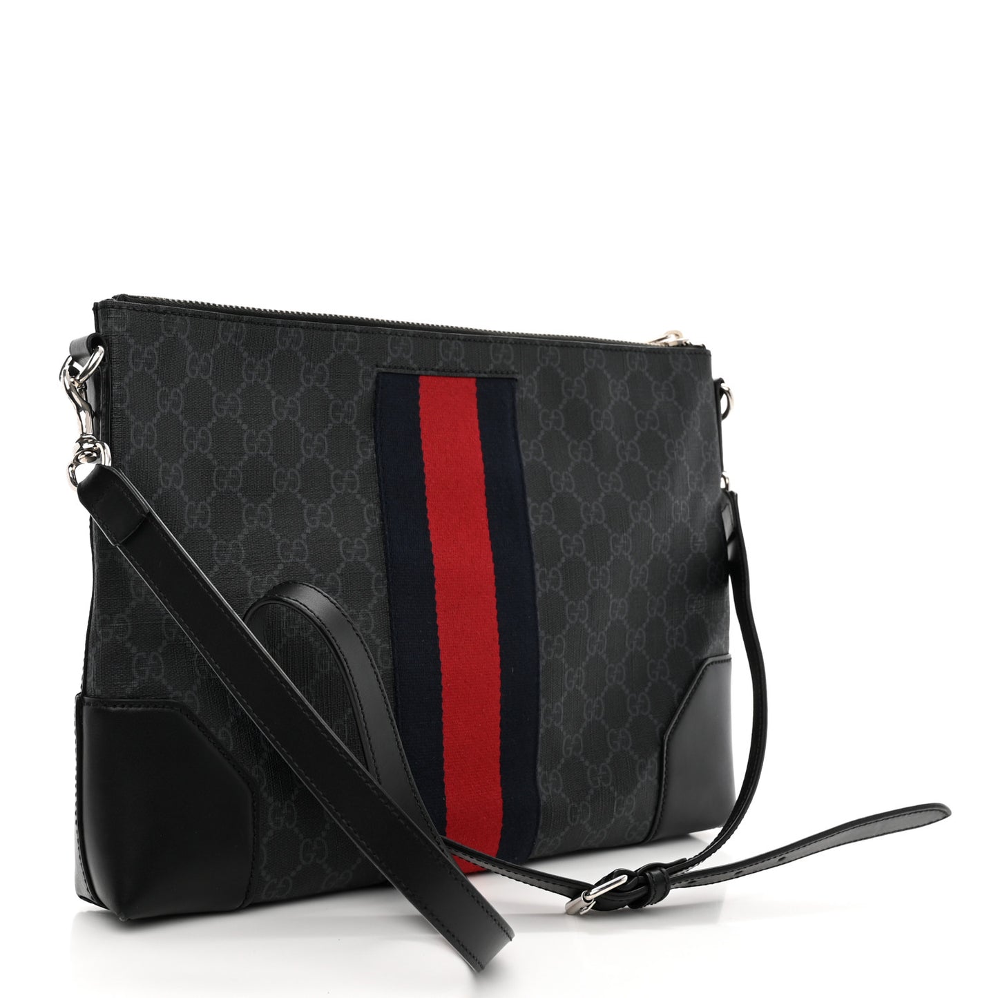 Soft GG Supreme Monogram Appia Calfskin Web East West Messenger Bag Black Grey