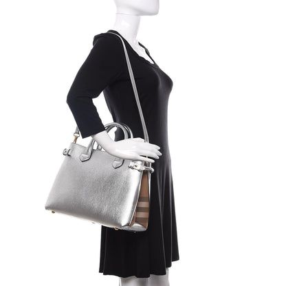 Burberry Metallic Grainy Calfskin House Check Medium Banner Tote Silver 2 of 11
