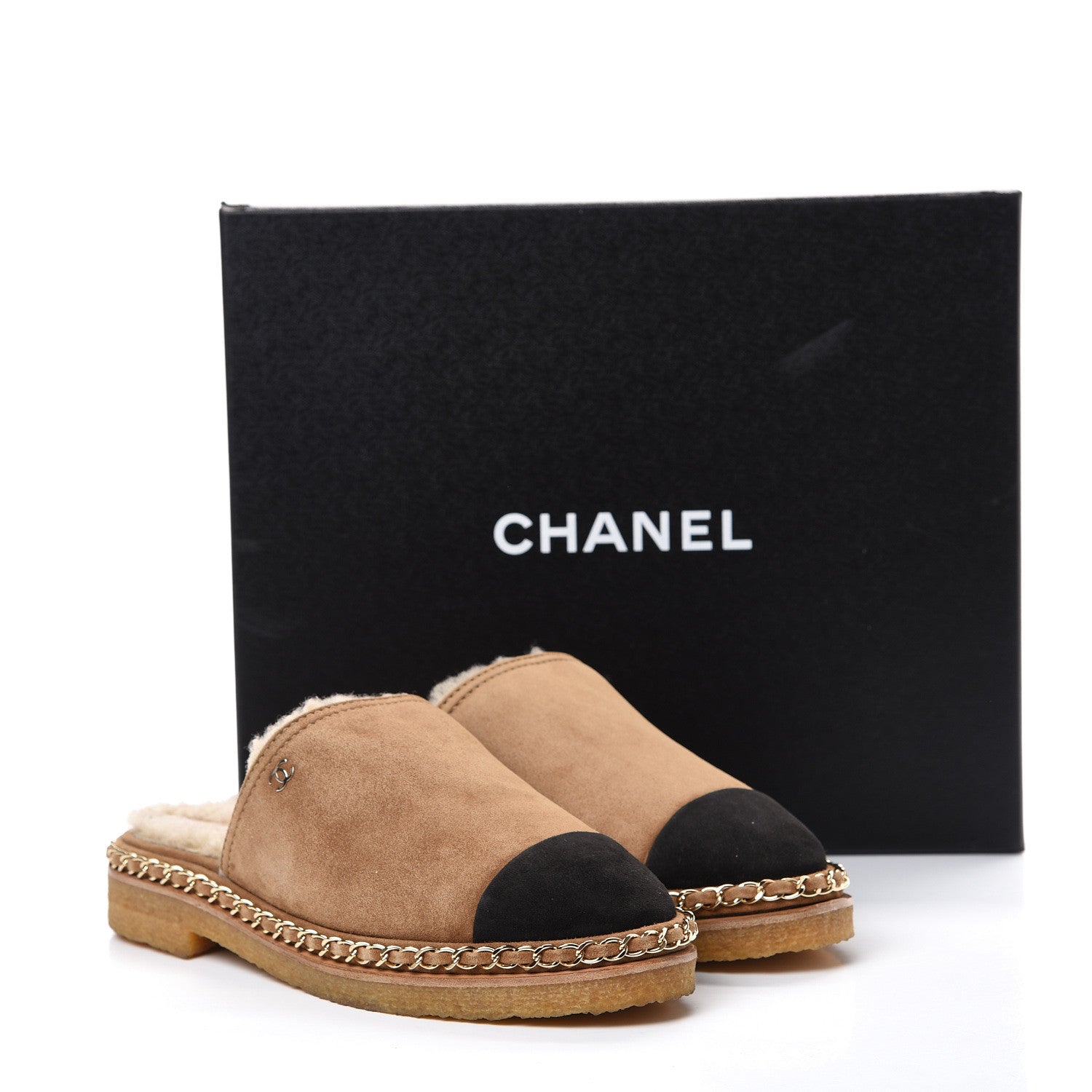 Chanel Kid Suede Shearling CC Chain Mules 37.5 Light Brown Black 8 of 8