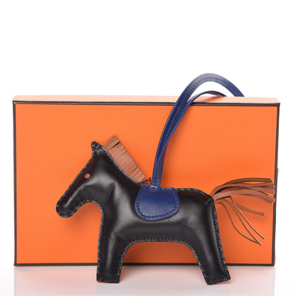 Hermes Milo Lambskin Grigri Rodeo Horse Bag Charm MM Black Bleu Saphir Gold 5 of 5