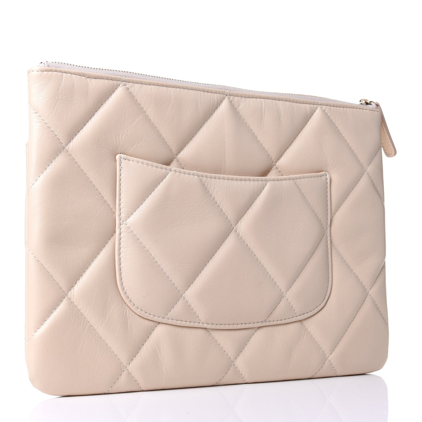 Shiny Goatskin Quilted Chanel 19 Pouch Beige