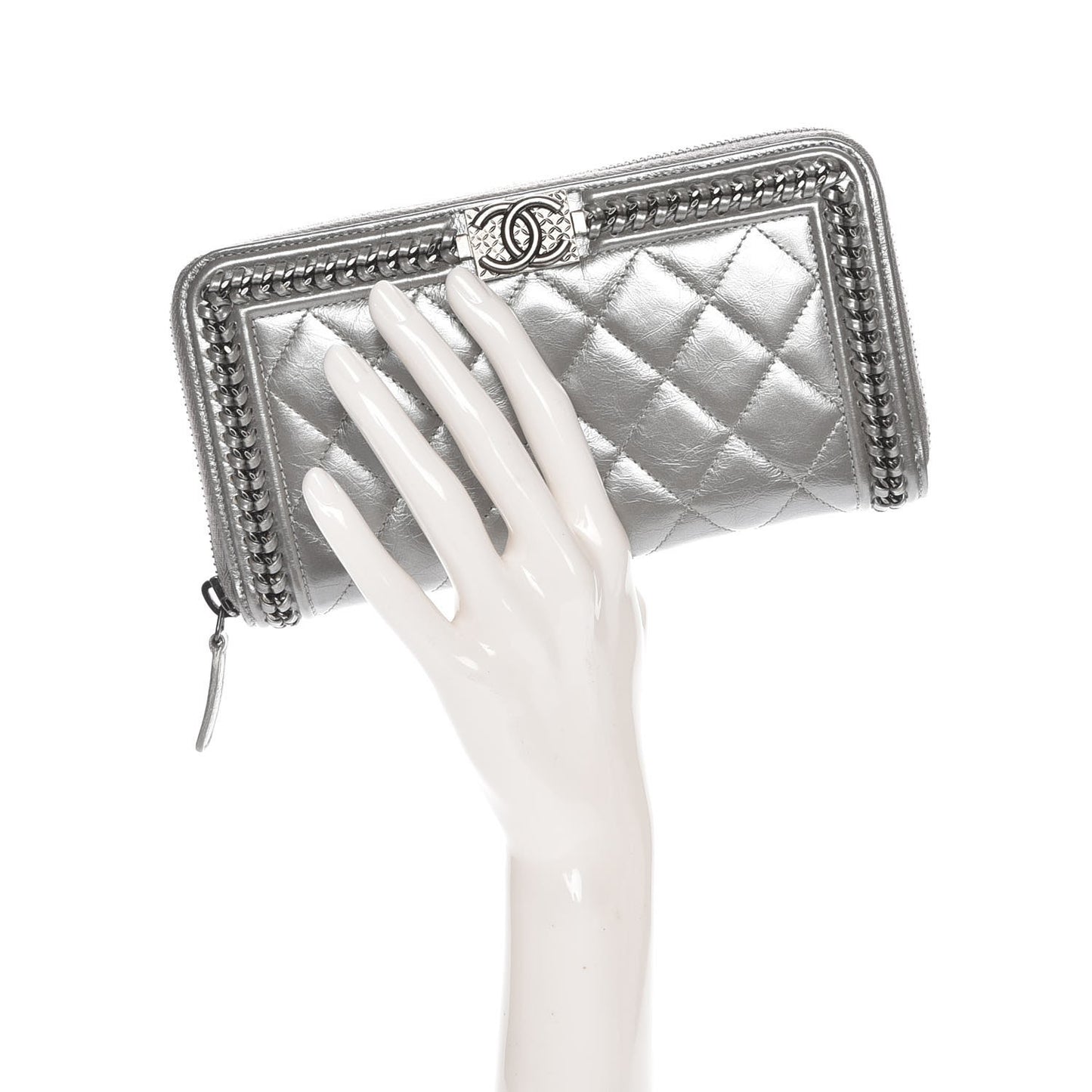 Metallic Calfskin Quilted Boy Chain Large Gusset Zip Around Wallet Silver