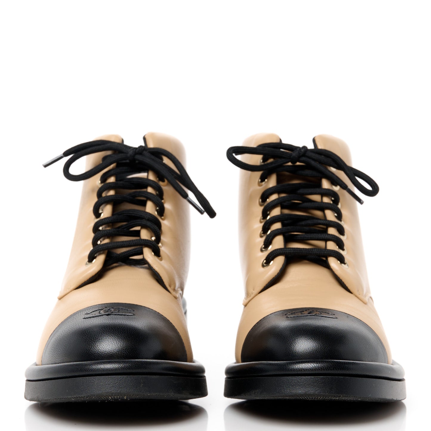 Lambskin Lace Up Combat Boots 38.5 Beige Black