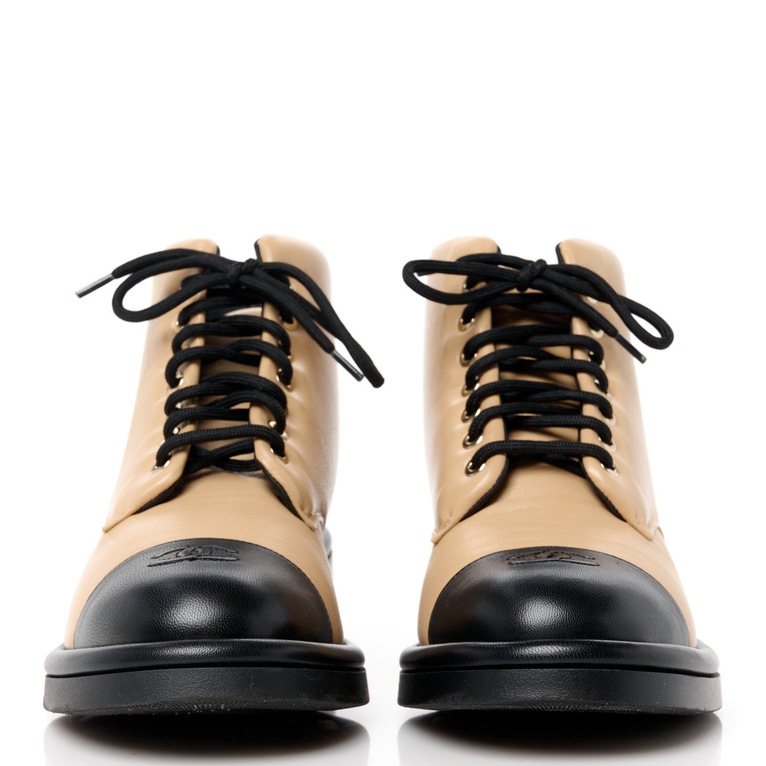 Chanel Lambskin Lace Up Combat Boots 38.5 Beige Black 2 of 9