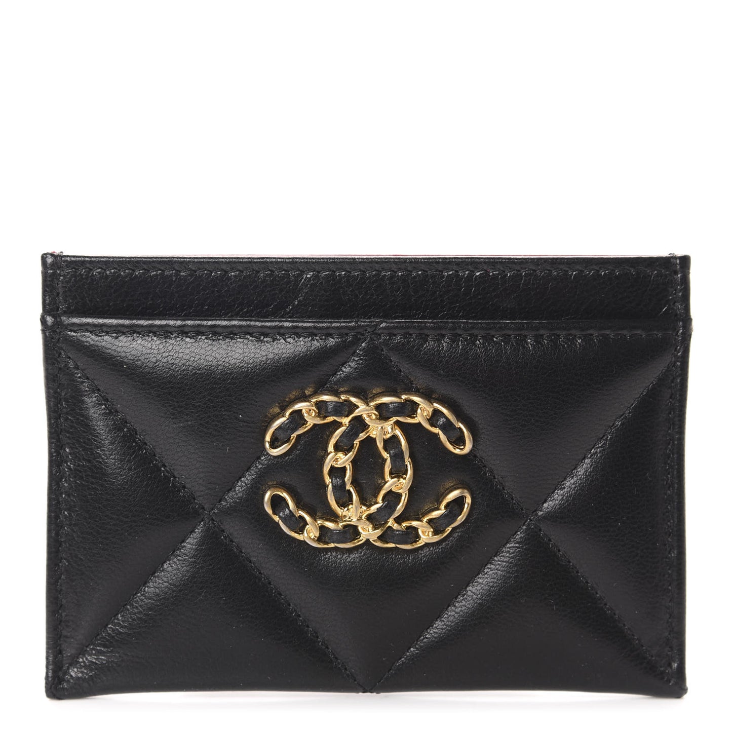 Shiny Goatskin Quilted Chanel 19 Card Holder Black