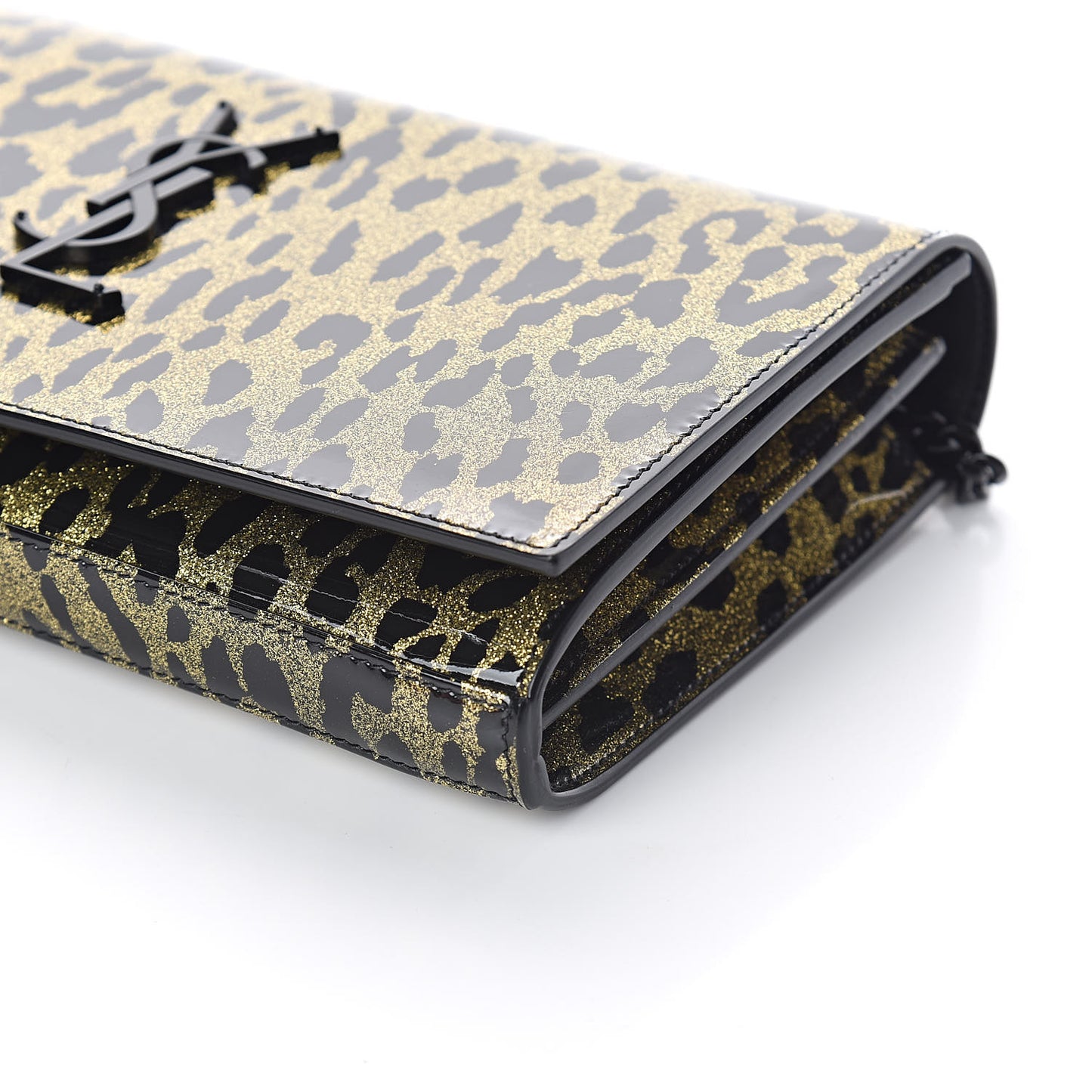 Patent Leopard Print Monogram Chain Wallet Black Gold