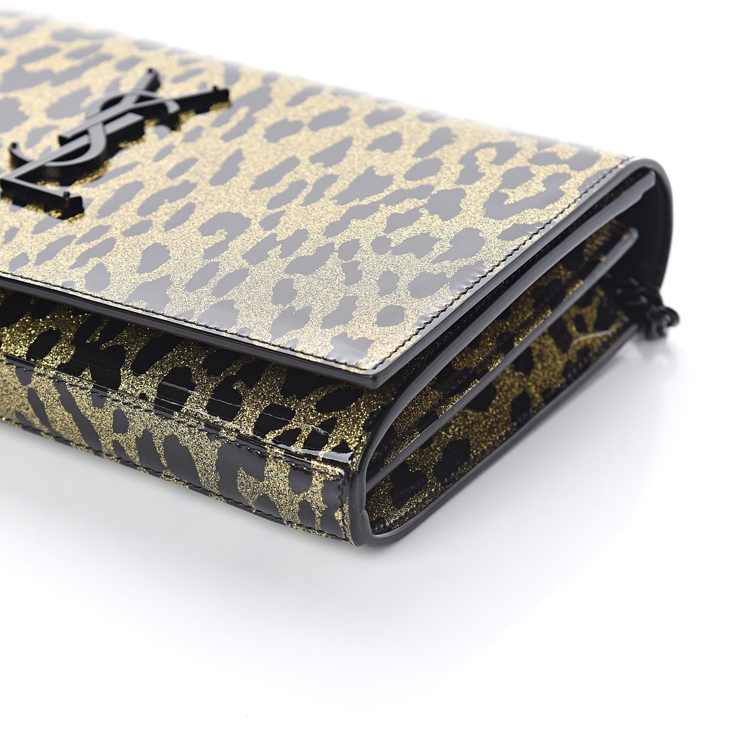 Saint Laurent Patent Leopard Print Monogram Chain Wallet Black Gold 9 of 11
