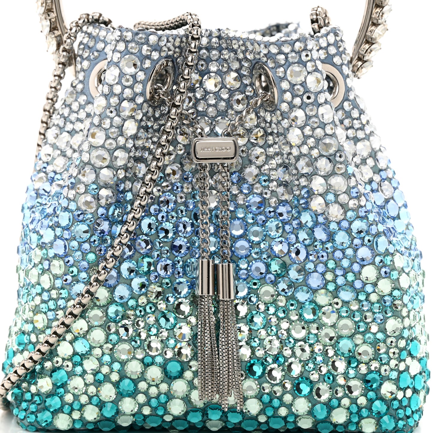 Satin Hotfix Crystal Embellished Bon Bon Bucket Bag Blue Silver