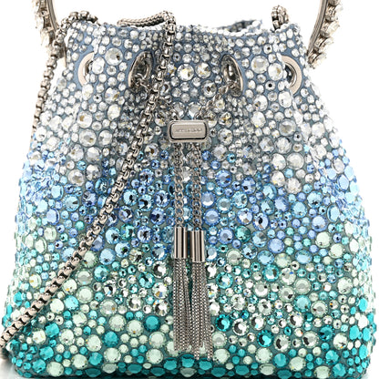 Jimmy Choo Satin Hotfix Crystal Embellished Bon Bon Bucket Bag Blue Silver 7 of 9