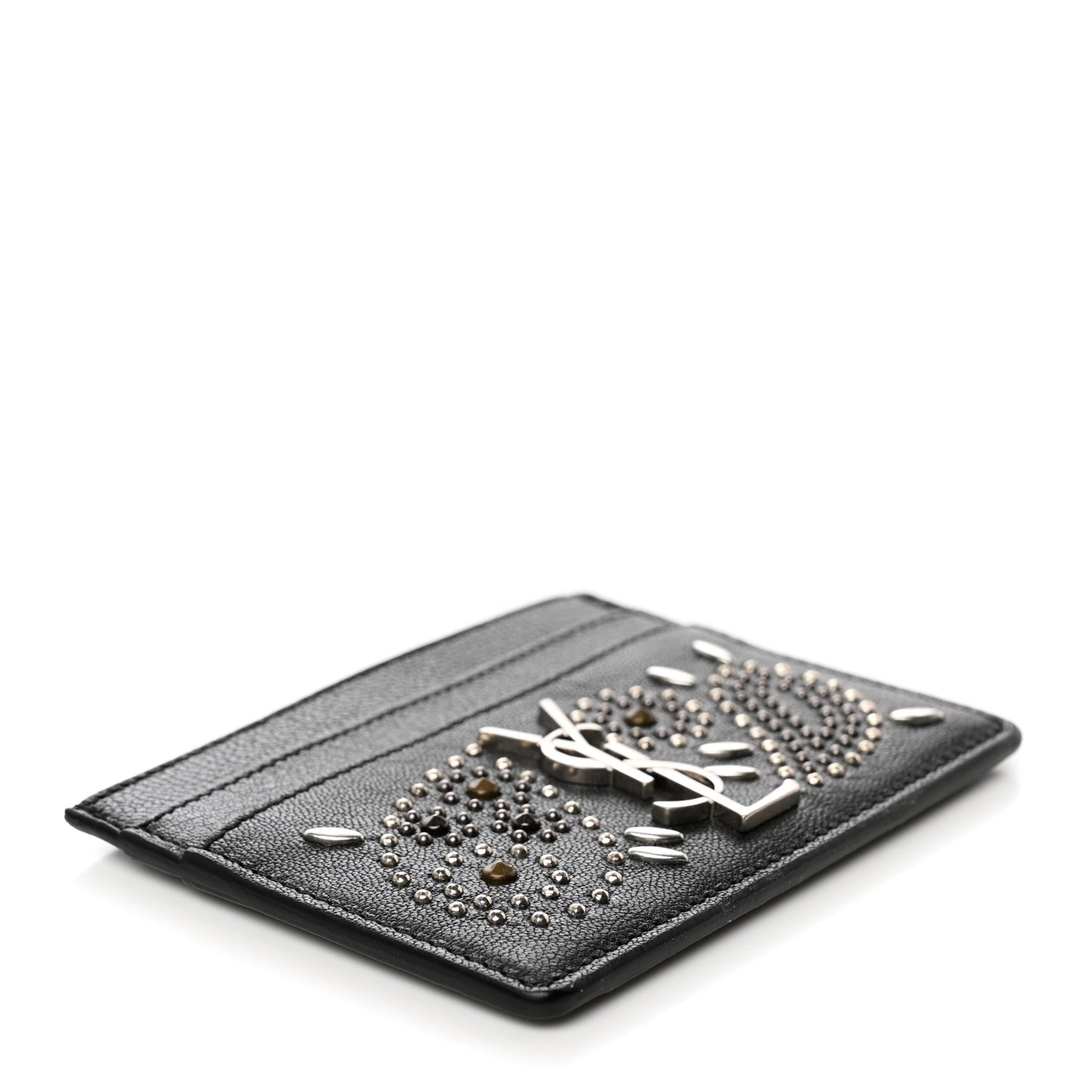 Calfskin Paisley Studded Monogram Credit Card Case Black