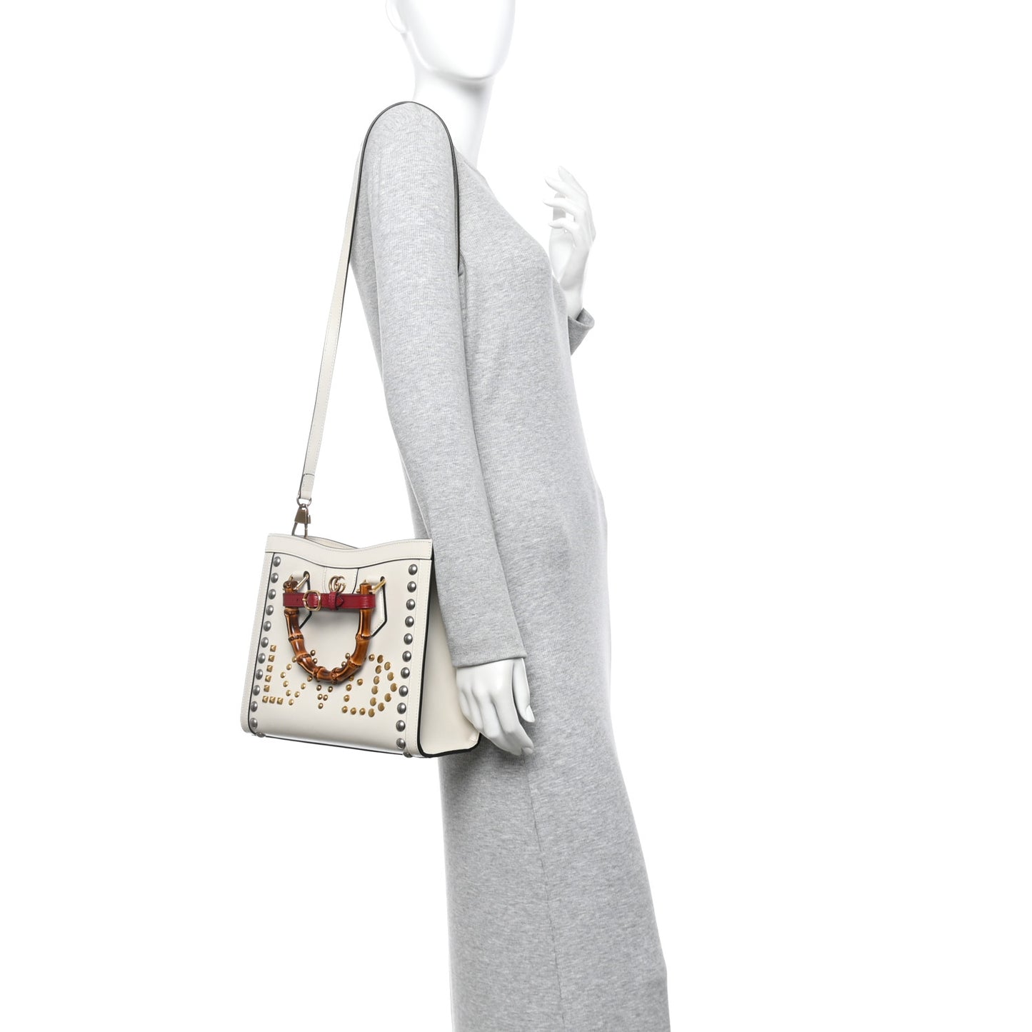Calfskin Studded Loved Small Diana Tote Bag Mystic White Hibiscus Red