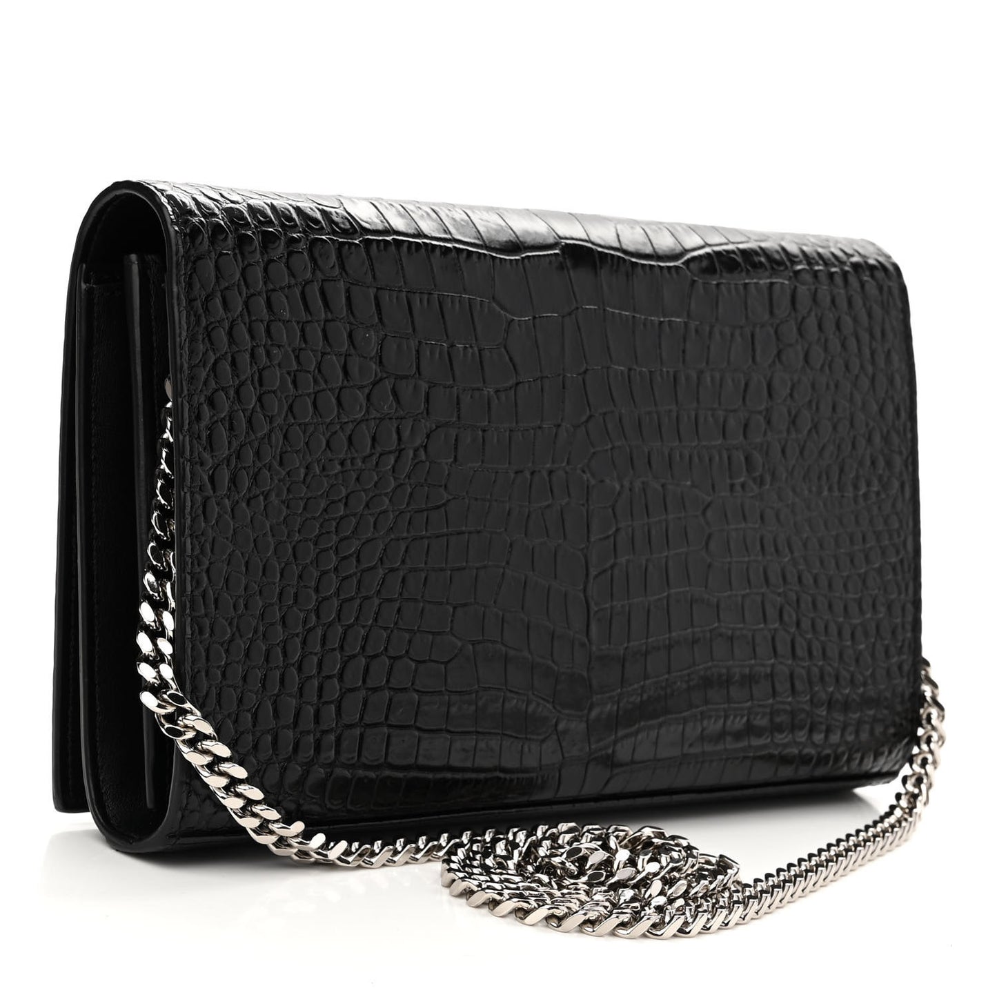 Calfskin Crocodile Embossed Monogram Chain Wallet Black