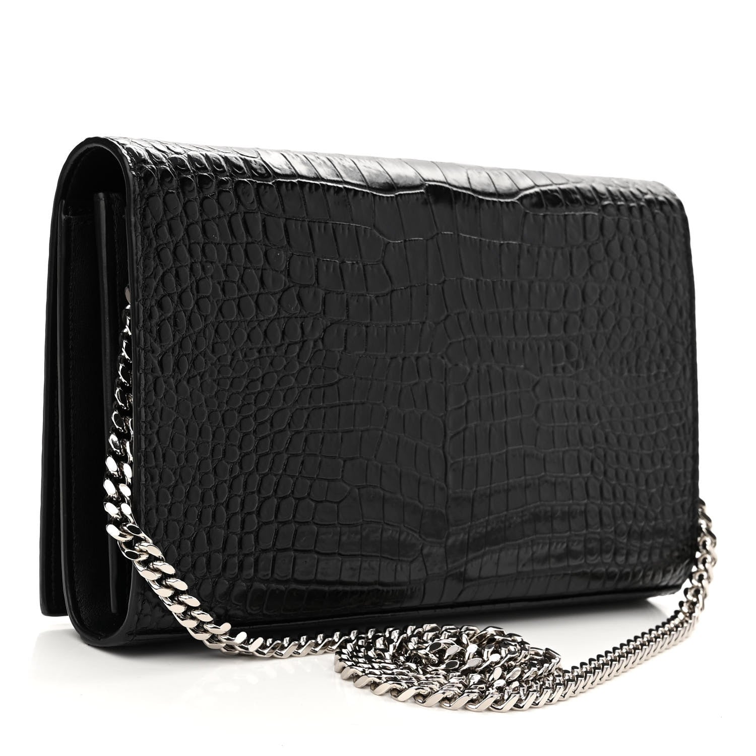 Saint Laurent Calfskin Crocodile Embossed Monogram Chain Wallet Black 3 of 12