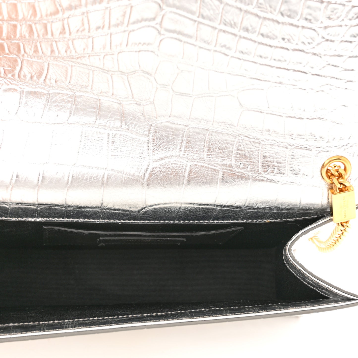Calfskin Crocodile Embossed Monogram Chain Wallet Argento