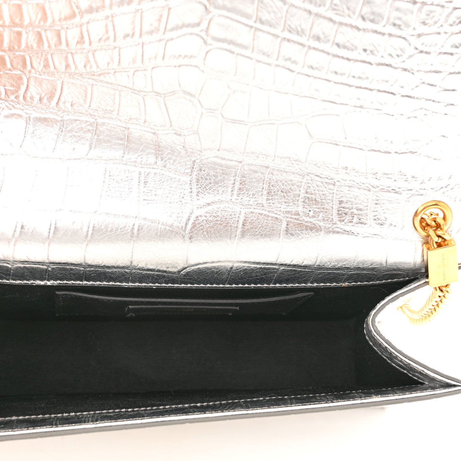 Saint Laurent Calfskin Crocodile Embossed Monogram Chain Wallet Argento 5 of 11