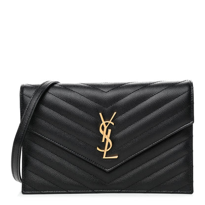 Saint Laurent Grain De Poudre Matelasse Chevron Monogram Envelope Chain Wallet Black 1 of 4