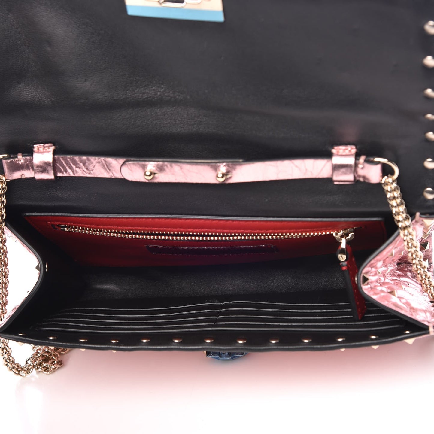 Metallic Wrinkled Lambskin Rockstud Spike Wallet on Chain Lipstick