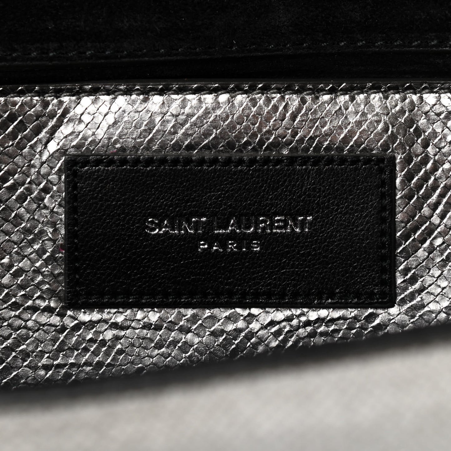 Metallic Calfskin Lizard Printed Lutetia Flap Clutch Silver