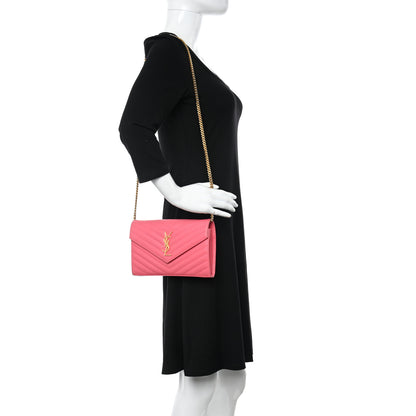 Saint Laurent Grain De Poudre Matelasse Chevron Monogram Chain Wallet Rose Clair 2 of 14