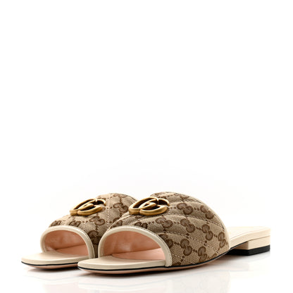 Gucci Monogram Matelasse Diagonal GG Marmont Flat Slide Sandals 36.5 Beige Ebony Mystic White 3 of 11