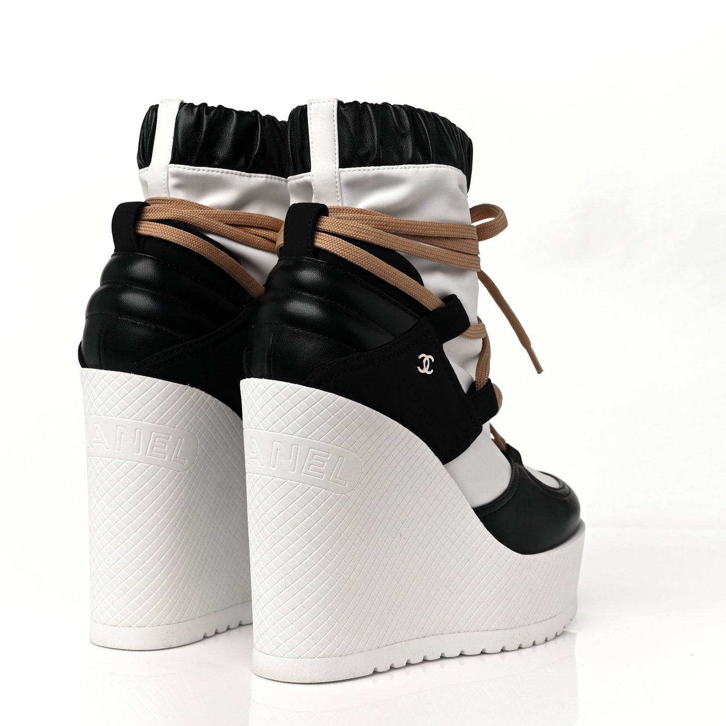 Patent Calfskin Runway Wedge Short Platform Boots 39.5 Black White Beige