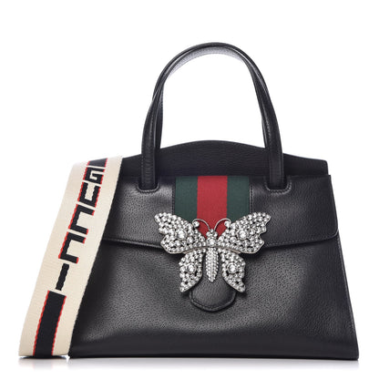 Gucci Grained Calfskin Web Crystal Butterfly Stripe Medium Totem Top Handle Bag Black 1 of 9