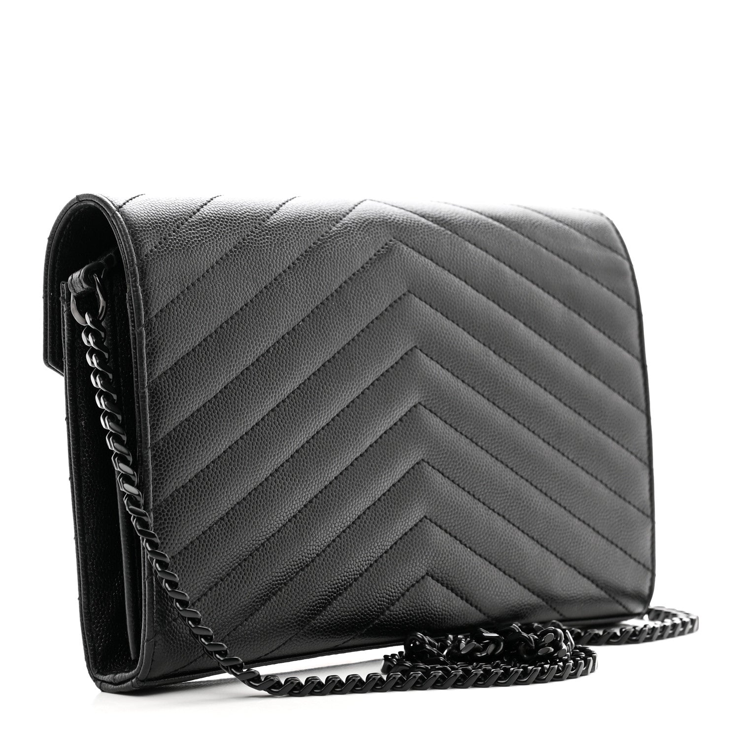 Saint Laurent Grain De Poudre Matelasse Chevron Monogram Monochrome Chain Wallet Black 3 of 11