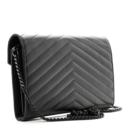 Saint Laurent Grain De Poudre Matelasse Chevron Monogram Monochrome Chain Wallet Black 3 of 11