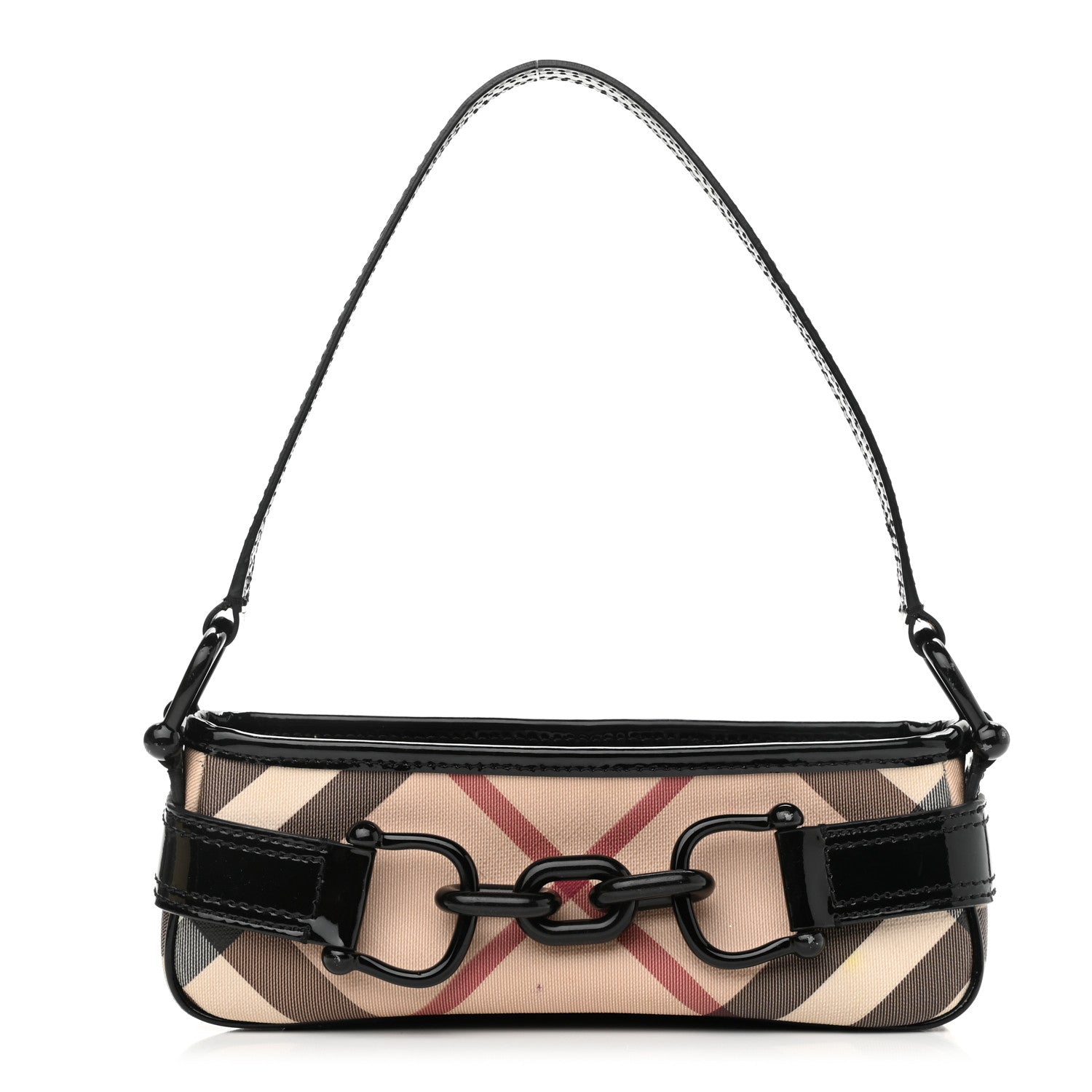 Burberry Patent Supernova Check Link Stirrup Small Bag Black 1 of 11
